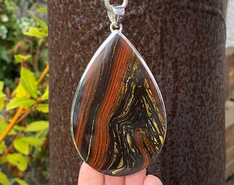 Very Large Iron Tiger Eye heart pendant in 925 Sterling Silver pendant - 57x102mm - handmade - natural gemstone - brown gold and red