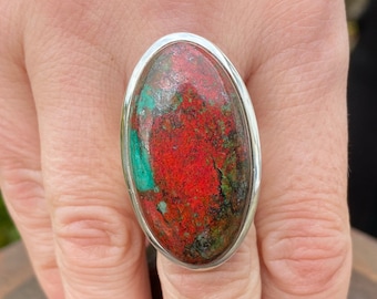 Sonora Sunrise (size M , 6.5) handmade ring in 925 Sterling Silver - natural 19x36mm red and green gemstone