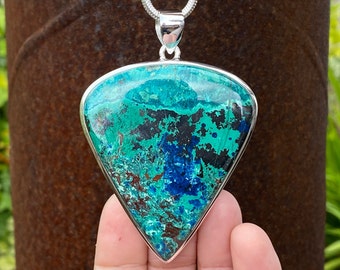 Large Azurite Chrysocolla Malachite pendant in 925 Sterling Silver - handmade 53x76mm pendant - natural green and blue gemstone  - necklace