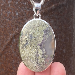 Indonesian Moss Agate pendant in 925 sterling silver - handmade 32x60mm pendant - natural green gemstone - necklace