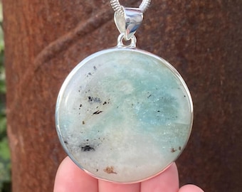 Moss Aquamarine pendant in 925 Sterling Silver -  48x60mm handmade pendant - natural blue black white gemstone - necklace pendant