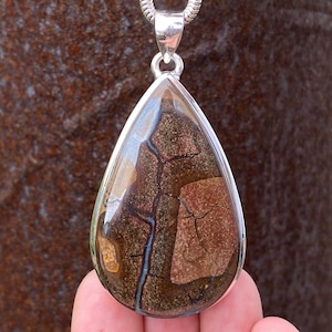Boulder Opal pendant in 925 sterling silver - handmade 33x64mm pendant - natural brown gemstone - necklace