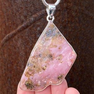 Rough Peruvian Pink Opal pendant in 925 sterling silver - handmade 34x74mm pendant - natural tumbled pink gemstone - necklace pendant