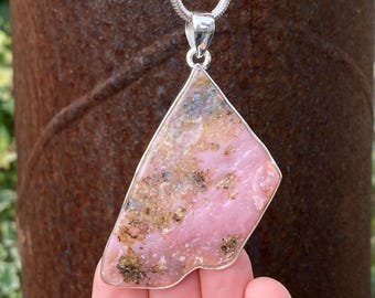 Rough Peruvian Pink Opal pendant in 925 sterling silver - handmade 34x74mm pendant - natural tumbled pink gemstone - necklace pendant