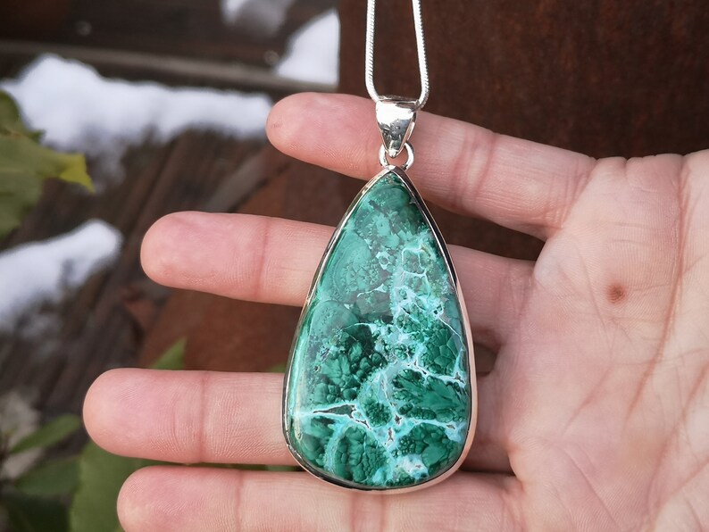 33x66mm statement pendant handmade Large Chrysocolla Malachite pendant in 925 Sterling Silver