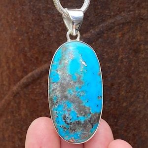 Persian Turquoise & Pyrite pendant in 925 Sterling Silver - handmade 24x61mm pendant (13mm deep) - natural blue gemstone - necklace pendant