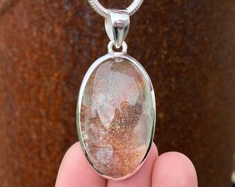 Lodolite / Garden Quartz pendant in 925 Sterling Silver - handmade 24x50mm natural gemstone - moss-like inclusions