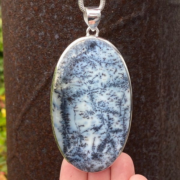 Large Dendritic Opal / Merlinite pendant in 925 Sterling Silver pendant - natural 45x91mm black and white gemstone - handmade - necklace