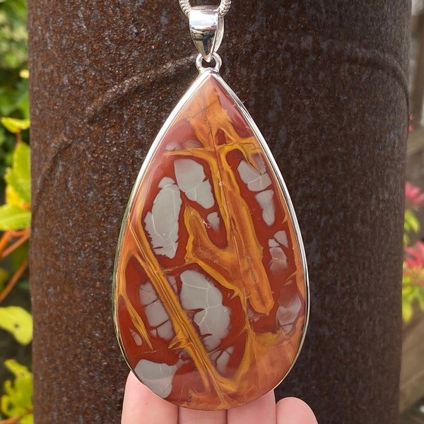 Very Large Noreena Jasper pendant in 925 Sterling Silver - handmade 55x111mm pendant - natural red, grey and yellow gemstone - necklace