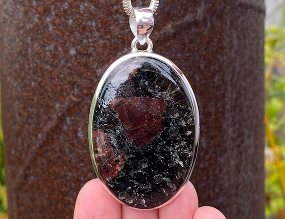 Garnet Black Tourmaline Pendant in 925 Sterling Silver 36x65mm Handmade Statement Piece Natural Black and Red Gemstone Etsy