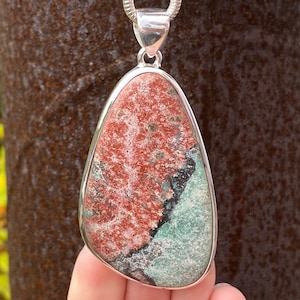 Sonora Sunrise pendant in 925 Sterling Silver - handmade 38x78mm pendant - natural green and red gemstone - Mexican - Cuprite Chrysocolla