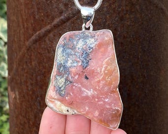 Large rough Peruvian Pink Opal pendant in 925 sterling silver - handmade 47x75mm pendant - natural tumbled pink gemstone - necklace pendant