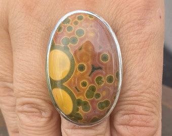 Bague océan / jaspe orbiculaire (taille R 1/2, 9) en argent sterling 925 - pierre précieuse naturelle 23 x 37 mm vert orange jaune rose orange
