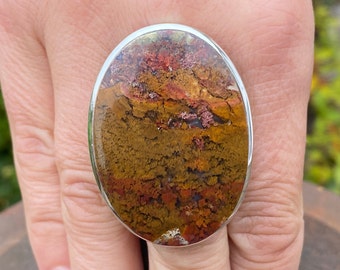 Indonesian Moss Agate (size R 1/2 , 9) ring in 925 Sterling Silver - 30x43mm natural gemstone - handmade ring