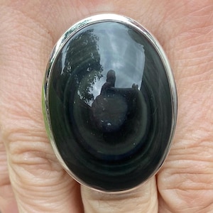 Large Eye Obsidian (size Q , 8.5 US) ring in 925 Sterling Silver - natural 26x36mm natural volcanic glass - black gemstone - statement ring