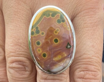 Bague océan / jaspe orbiculaire (taille Q, 8,5) en argent sterling 925 - pierre précieuse naturelle 21 x 33 mm vert orange jaune rose orange