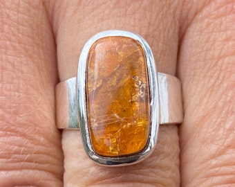 Tansania Orange Kyanit (Größe O, 7,5) Ring in 925 Sterling Silber - natürlicher 9x17mm Stein - rustikaler oranger Edelstein - handgemacht