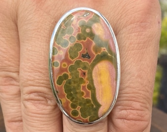 Bague océan / jaspe orbiculaire (taille O, 7,5) en argent sterling 925 - pierre précieuse naturelle 24 x 41 mm vert orange jaune rose orange