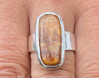 Tansania Orange Kyanit (Größe O, 7,5) Ring aus 925 Sterling Silber - natürlicher 9x20mm Stein - rustikaler oranger Edelstein - handgemacht