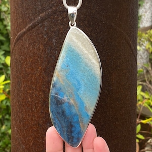 Very large Trolleite pendant in 925 Sterling Silver - handmade 46x131mm pendant - natural blue gemstone - necklace
