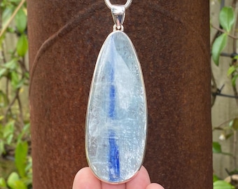 Large Kyanite pendant in 925 Sterling Silver - 36x101mm handmade pendant - natural silver blue gemstone - statement necklace pendant