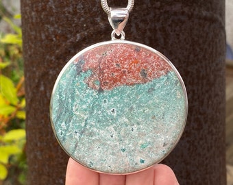 Very Large Sonora Sunrise pendant in 925 Sterling Silver - handmade 63x77mm pendant - natural green and red gemstone - Mexican