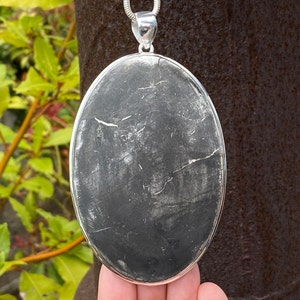 Very Large Shungite pendant in 925 Sterling Silver - unique handmade 65x114mm pendant - natural silver and black gemstone