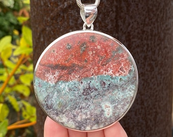 Very Large Sonora Sunrise pendant in 925 Sterling Silver - handmade 65x80mm pendant - natural green and red gemstone - Mexican