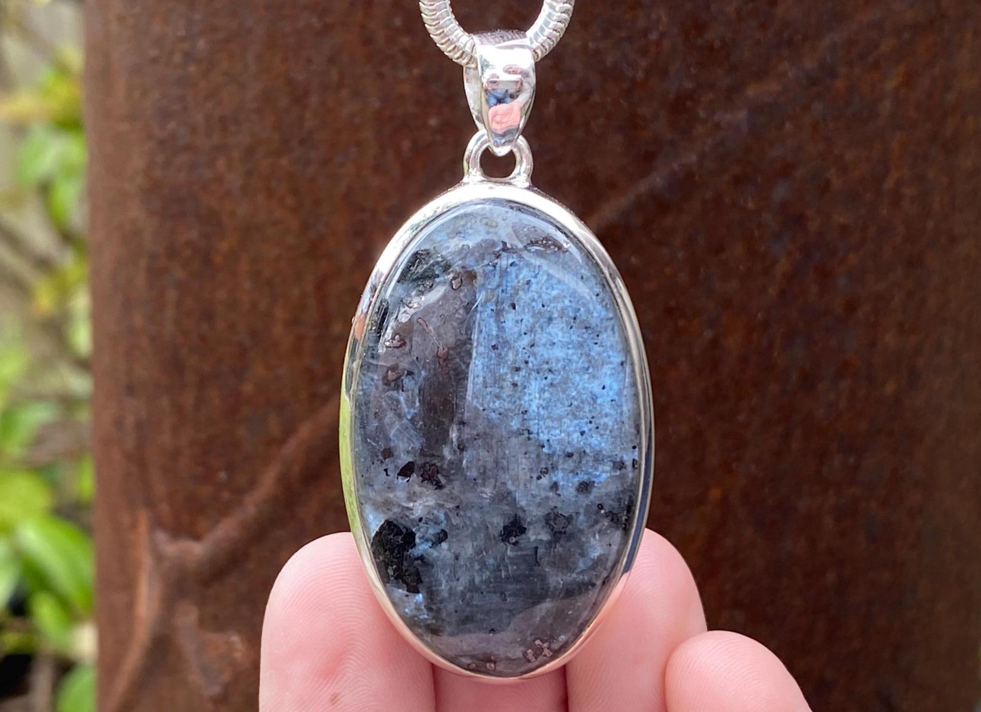 Larvikite Pendant in 925 Sterling Silver - Handmade 30x58mm