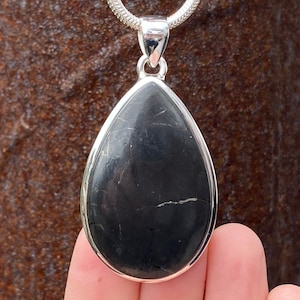 Shungite pendant in 925 Sterling Silver - 26x56mm handmade pendant - natural black gemstone - necklace