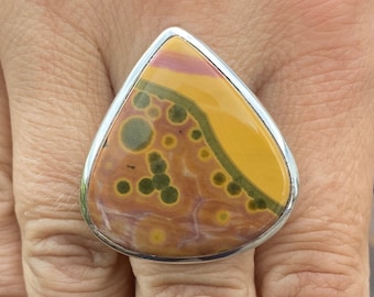 Bague océan / jaspe orbiculaire (taille Q, 8,5) en argent sterling 925 - pierre précieuse naturelle 27 x 29 mm vert orange jaune rose orange