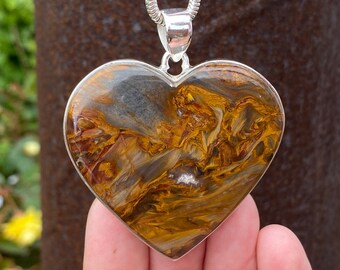 Golden Pietersite heart pendant in 925 Sterling Silver - handmade 51x59mm pendant - natural gemstone - Namibia , Africa - necklace
