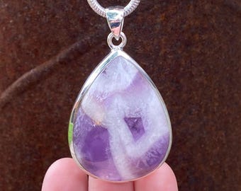 Chevron Amethyst pendant in 925 Sterling Silver - handmade 33x56mm pendant - natural purple and white gemstone - necklace pendant