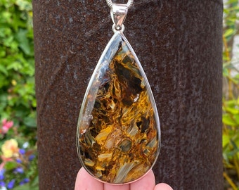 Large Golden Pietersite pendant in 925 Sterling Silver - handmade 46x97mm pendant - natural gemstone - Namibia , Africa - necklace