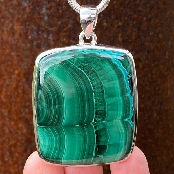 Chatoyant Malachite Chrysocolla pendant in 925 Sterling Silver - 38x58mm handmade pendant - natural green blue gemstone - necklace