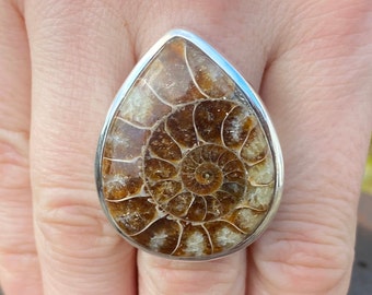 Madagascan Ammonite ring (size R 1/2 , 9) in 925 Sterling Silver - 25x32mm natural brown fossil- handmade