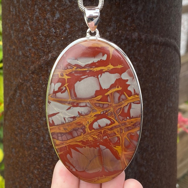 Very Large Noreena Jasper pendant in 925 Sterling Silver - handmade 54x100mm pendant - natural red, grey and yellow gemstone - necklace