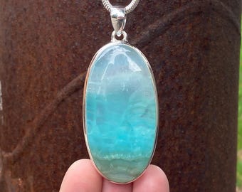 Ciondolo in calcite caraibica in argento sterling 925 - pezzo unico fatto a mano da 30 x 68 mm - pietra preziosa naturale blu e bianca - ciondolo per collana