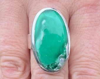 Variscite ring (size 7.75 , O 1/2) ring in 925 Sterling Silver - natural 15x27mm green gemstone - handmade statement ring