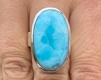 Larimar ring (size O , 7.5) in 925 Sterling Silver - natural 15x26mm blue gemstone - handmade statement ring - Dominican Republic
