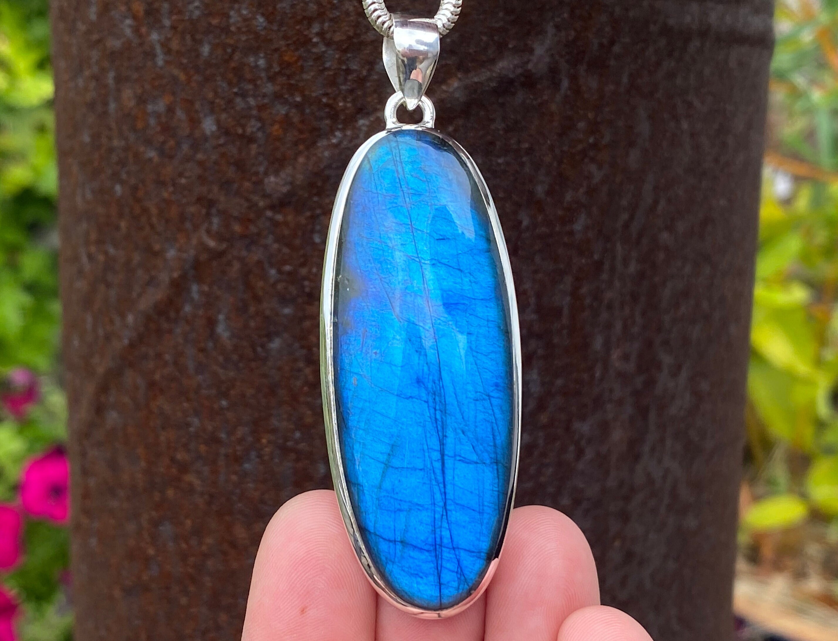 Large Blue Labradorite pendant in 925 Sterling Silver - handmade 25x74mm statement pendant - natural blue gemstone - necklace