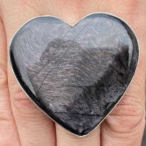 Peut inclure: Une bague en argent avec une grande pierre d'obsidienne noire en forme de cœur. La pierre présente un motif tourbillonnant et un poli élevé.