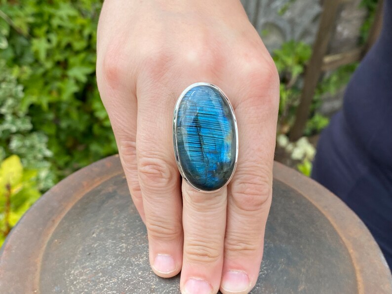 Blue Labradorite ring (size R , 8.75) ring in 925 Sterling Silver - natural 22x40mm blue gemstone - handmade ring image 2