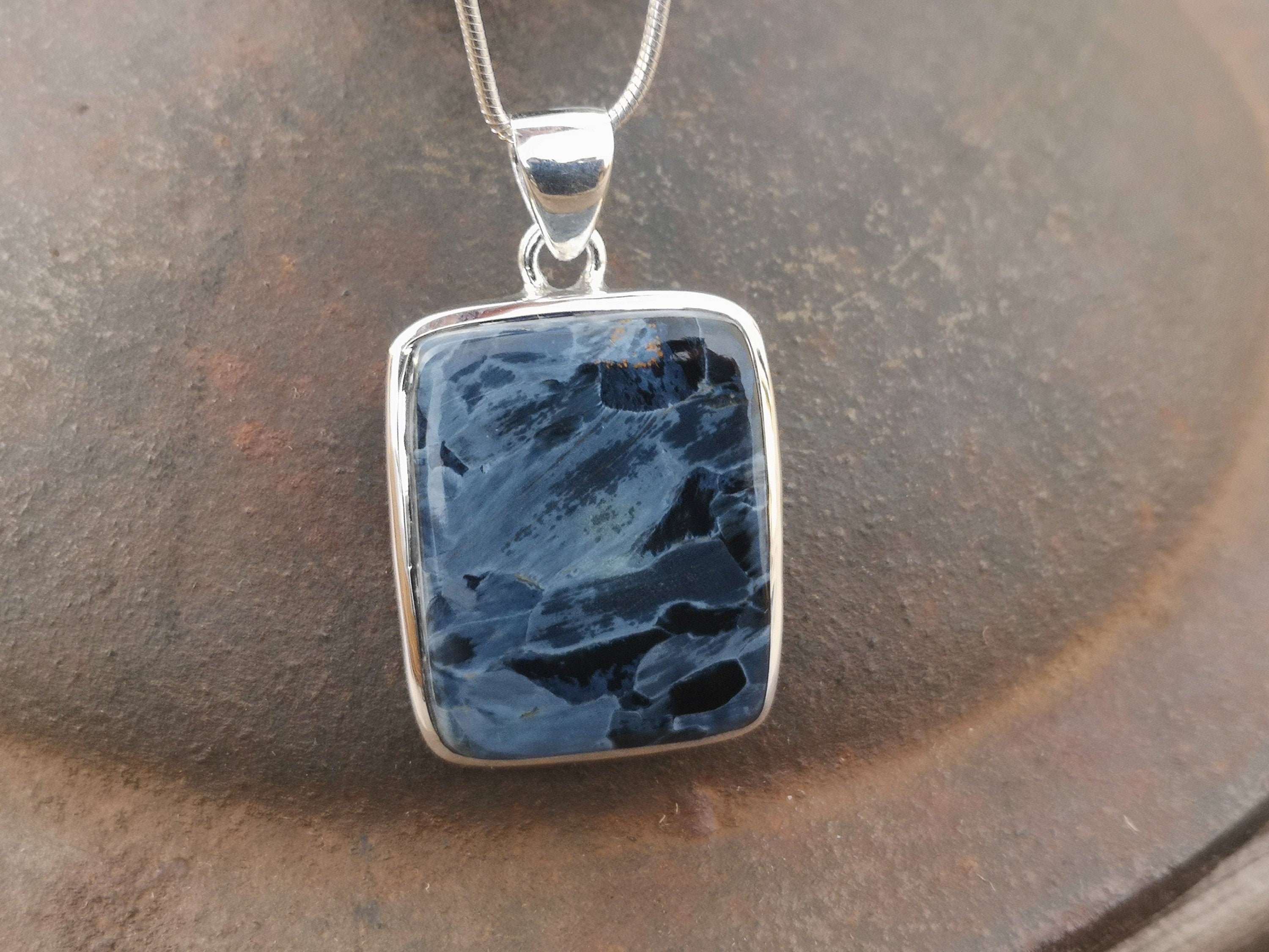Blue Pietersite pendant in 925 Sterling Silver displaying chatoyancy handmade pendant measuring 29x61mm