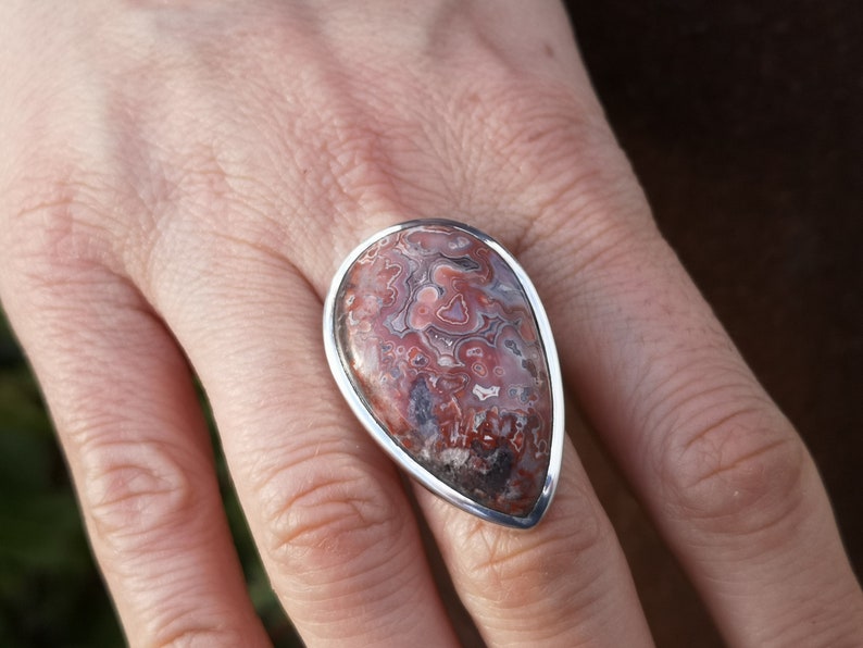 natural 20x33mm stone size P , 8 Mexican Crazy Lace Agate ring in 925 Sterling Silver
