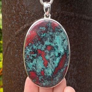 Sonora Sunrise pendant in 925 Sterling Silver - handmade 47x87mm pendant - natural green and red gemstone - Mexican - Cuprite Chrysocolla