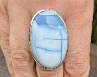 Blue Opal (size Q , 8.5) ring in 925 Sterling Silver - natural 23x36mm stone - pastel blue gemstone - handmade statement ring
