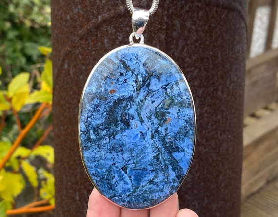 Very Large Dumortierite Pendant in 925 Sterling Silver Handmade