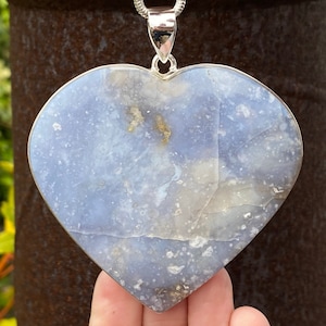 Very large natural Blue Chalcedony heart pendant in 925 Sterling Silver - 80x90mm handmade statement piece - soft blue gemstone - necklace