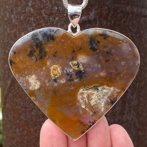 Ciondolo a cuore in agata ametista salvia dendritica in argento sterling 925 - ciondolo fatto a mano 73x78mm - pietra preziosa viola marrone naturale - Nevada, USA